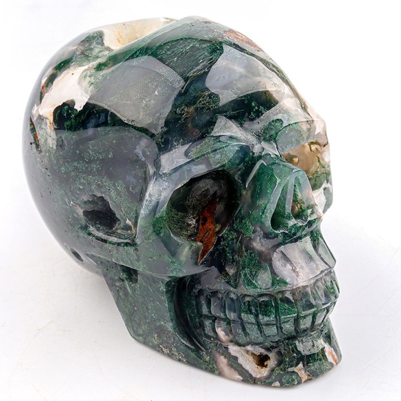 Moss Agate Druzy Geode Skull Carving - Picture 1 of 11